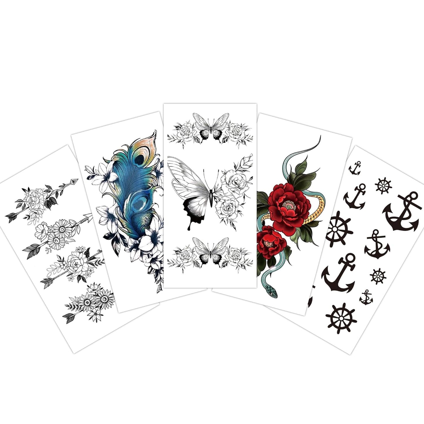 S.A.V.I 5-Pc Tattoo Stickers Combo - Butterflies, Roses, Anchors Feather - 10.5x6cm for Men Women