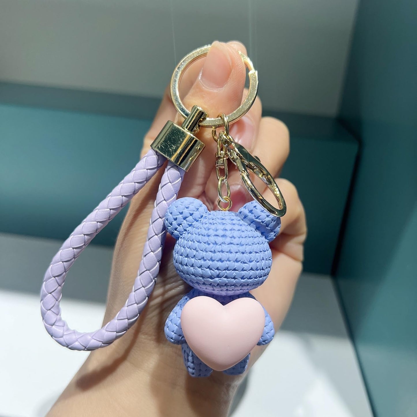 S.A.V.I Cute Purple Bear Keychain with Heart Charm | Resin Teddy Pendant (6cm) & Braided PU Leather Wrist Strap | Stylish Gold Key Ring for Girls, Women, Handbag, Car Accessories (Purple)