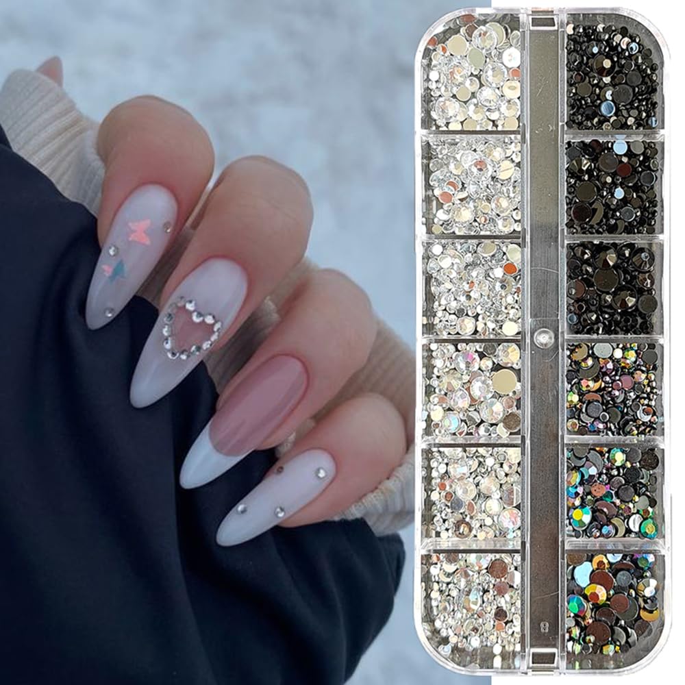 S.A.V.I Nail Rhinestone Kit – 4 Colors (White, AB, Black, AB Black) – Flatback Resin Stones for Nail Art Decoration | 12 Sections | Multi-Size (1.5-5mm) | DIY Manicure Professional Nail Styling