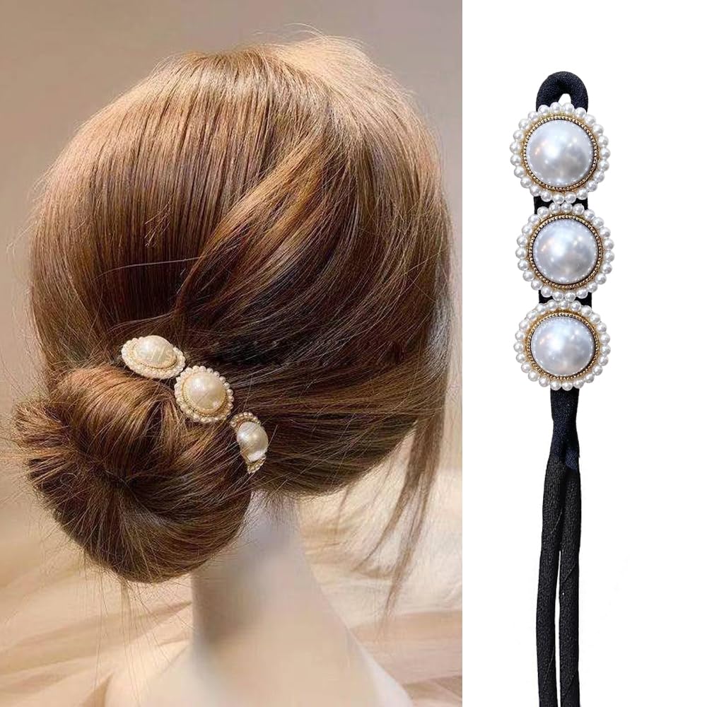S.A.V.I Elegant Pearl Hair Curler Clip | 3-Pearl Gold Finish Design | Soft Black Band 30.5 cm for Easy Bun Styling | Hair Accessory for Women Girls | Stylish Updos For All Occasions