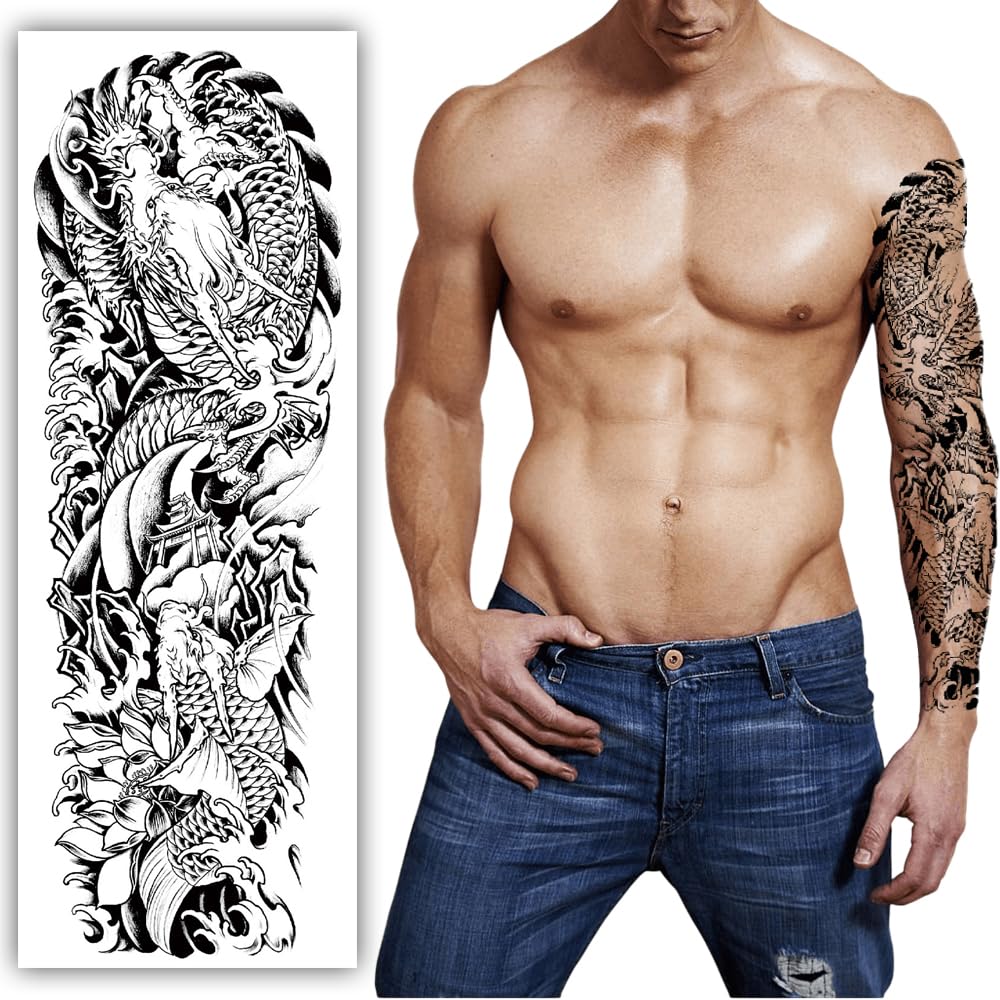 S.A.V.I Full Arm Temporary Tattoo for Men - Black Dragon Phoenix Design, 48x17 cm, Waterproof, Long-Lasting Body Art Sticker - Easy to Apply Remove, Perfect for Parties, Festivals, Events
