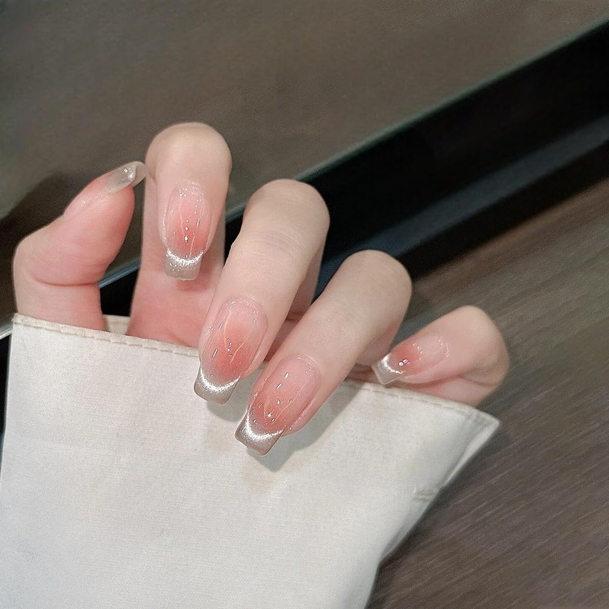 S.A.V.I 30 Pcs Long Coffin Nude & Blush Fake Nails with Cat Eye Glitter | Glossy Press-On Tips for Women | Reusable Acrylic Look Nail Art | Salon Style DIY Manicure at Home