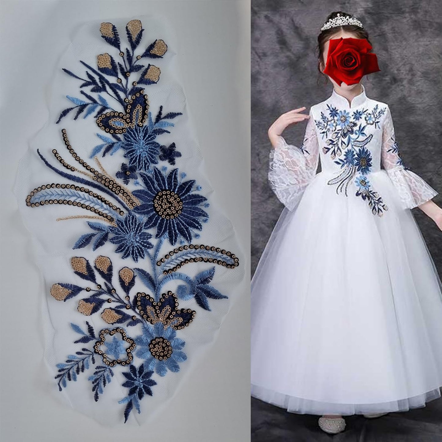 S.A.V.I 3D Blue Gold Floral Embroidered Applique Patch | 16.5x7.5 in (42x19 cm) Mesh Lace Fabric for DIY Gown, Lehenga, Saree, Blouse, Bridal Dress Craft Sewing Accessory (Blue Gold)