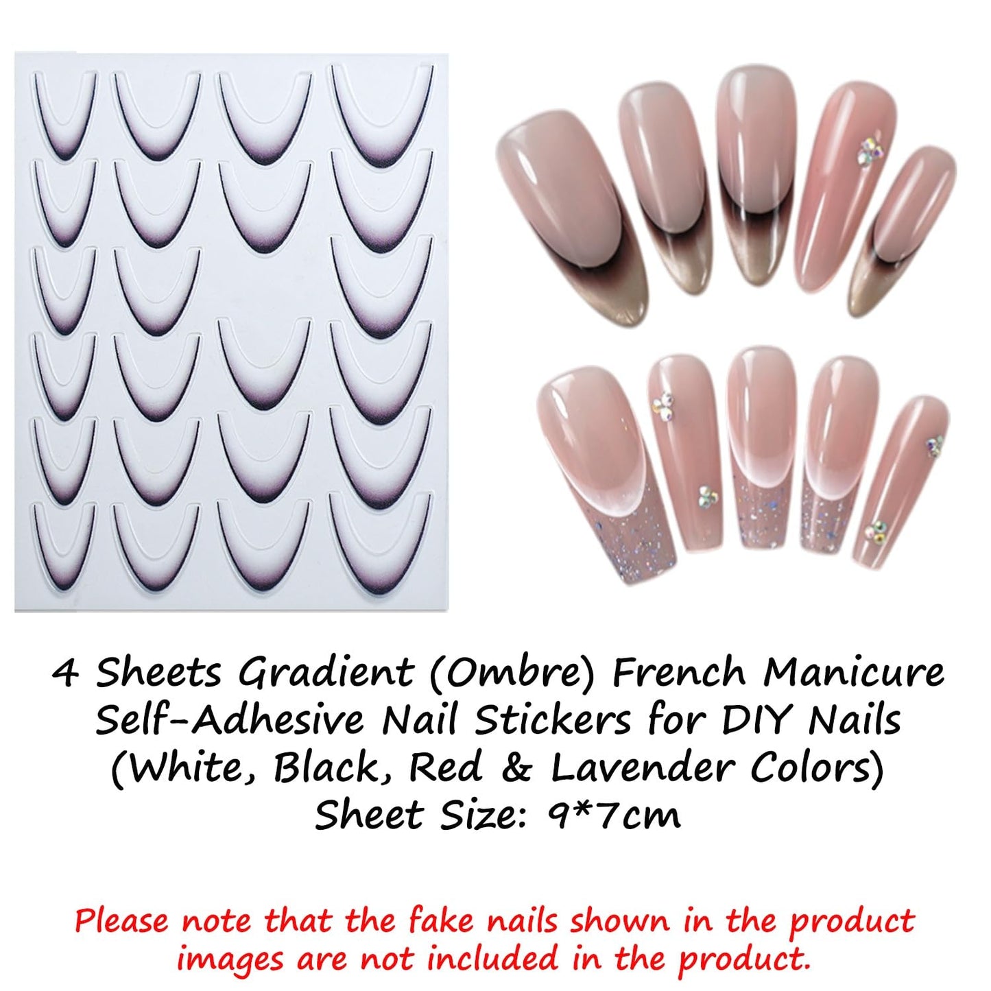 S.A.V.I 4 Sheets Gradient Ombre French Manicure Nail Art Stickers – Self-Adhesive V-Tip Design for DIY Nails – Multi-Color White Black Red Lavender – Easy Peel & Apply, 9x7 cm