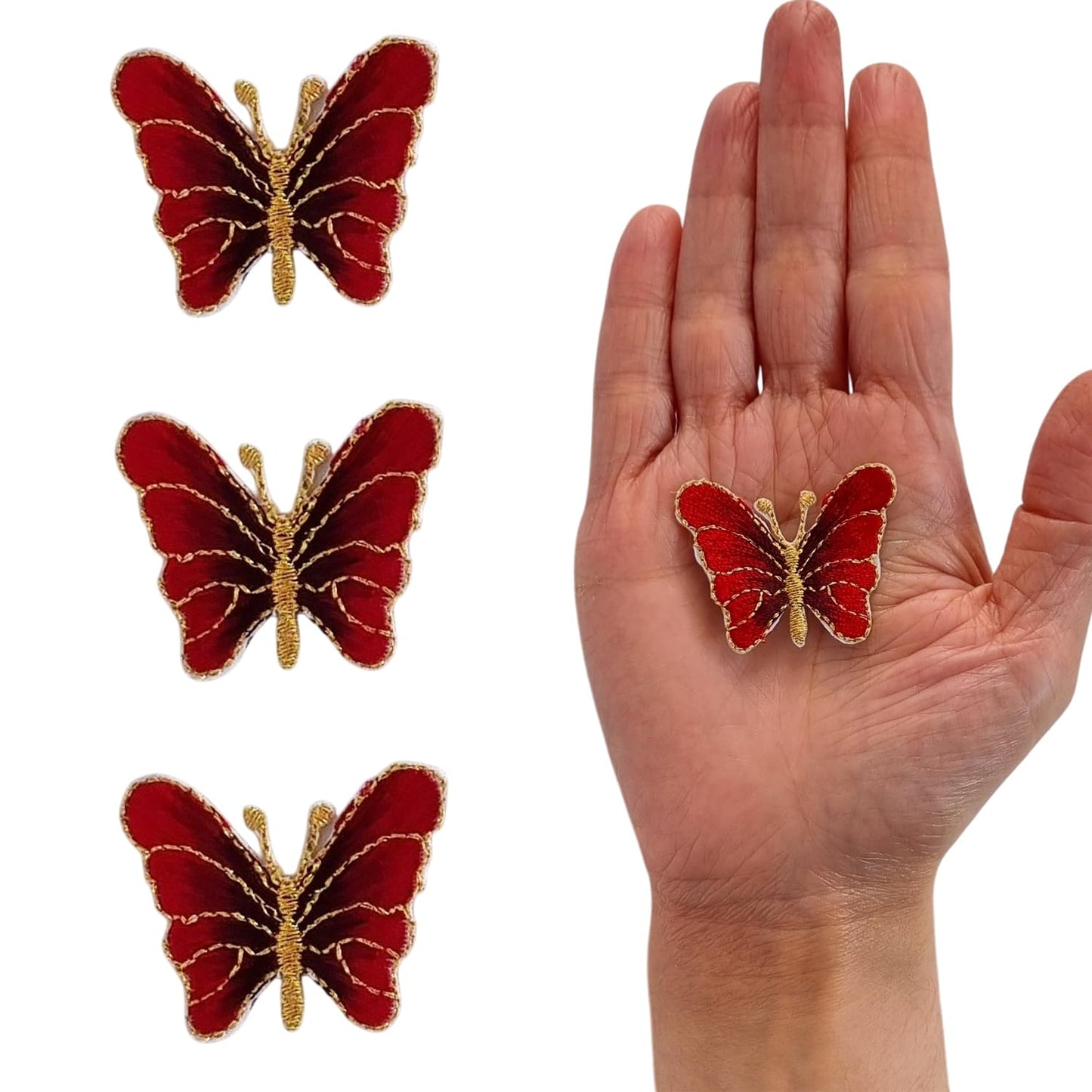 S.A.V.I 3PCS Red Butterfly 3D Embroidered Iron-On Patches | DIY Applique for T-Shirts, Jeans, Jackets, Backpacks | Pre-Glued Fabric Sticker | Easy Heat Press Sewing Craft Patch (1.5x1.1 inch) (Red)