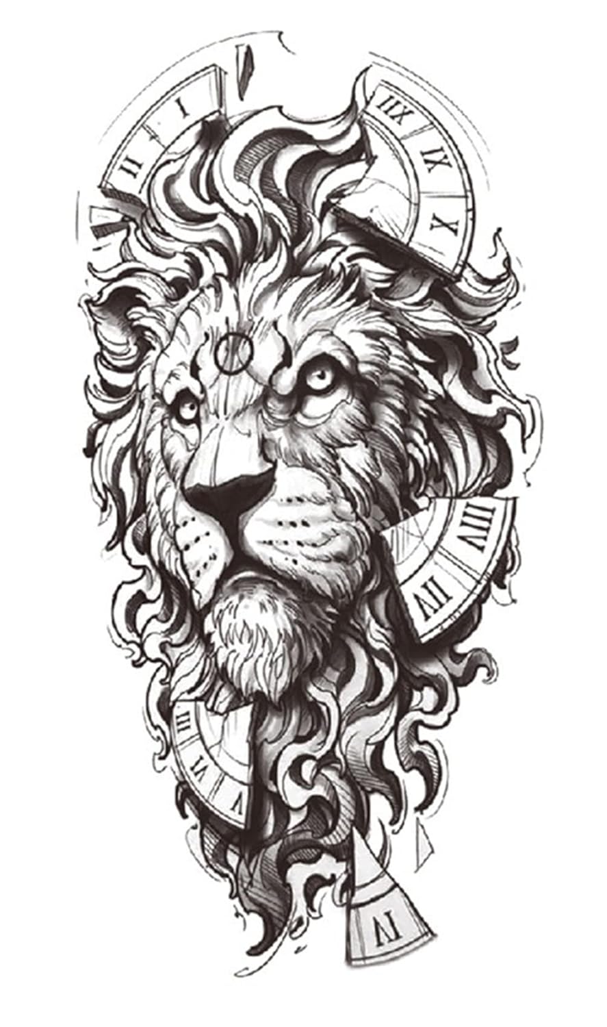 S.A.V.I Temporary Tattoo Stickers, Broken Clock, Big Lion Face Tattoo Pattern For Men, Women, Tattoo For Hand Arm, Size 21x11cm - 1Pc.