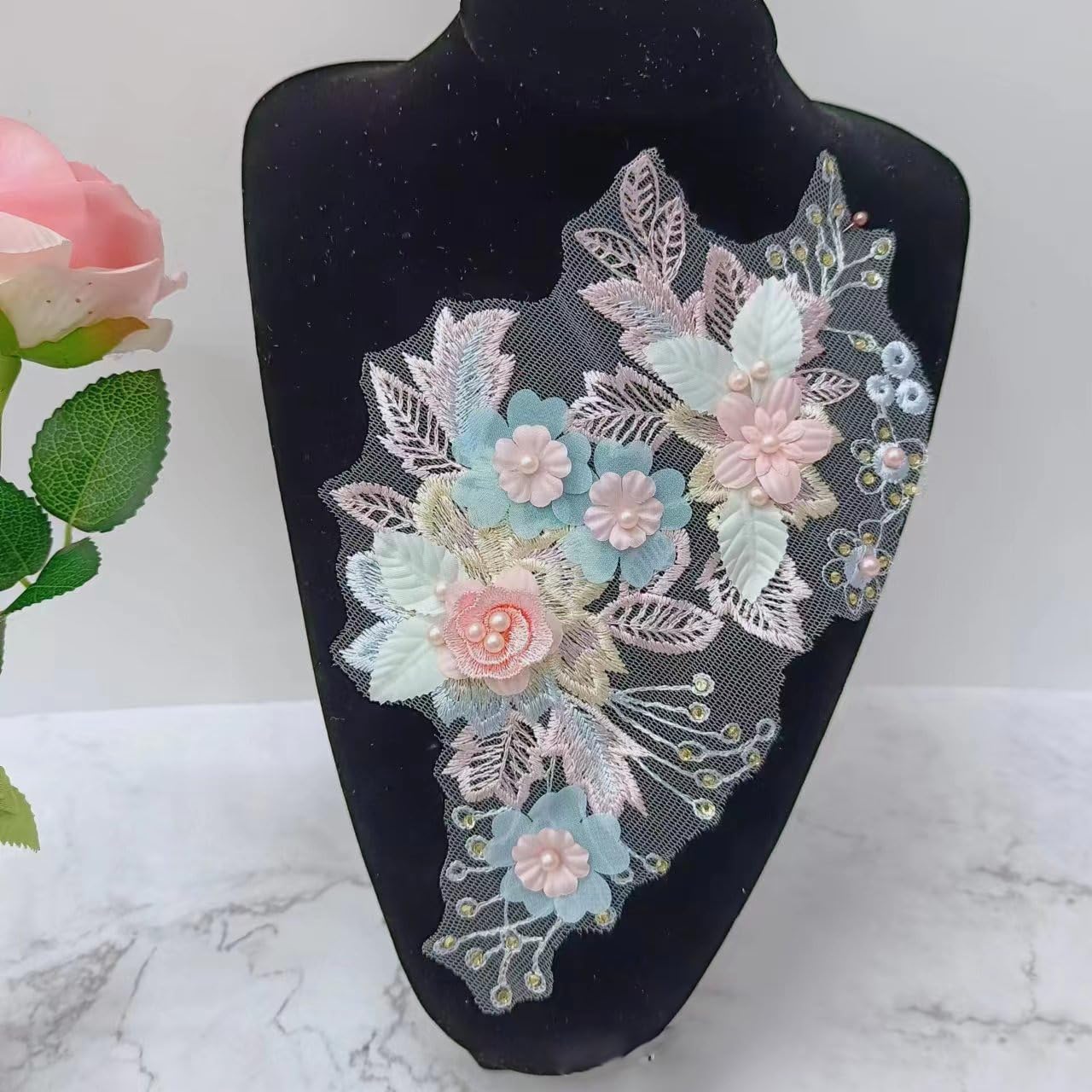 S.A.V.I 3D Floral Applique Patch for Sewing | Pastel Embroidered Mesh Lace Fabric | DIY Dresses, Bridal Wear, Lehenga, Saree, Blouse, Gown Craft | Handmade Lace Patch (10.2x6.5 in) Elegant Design