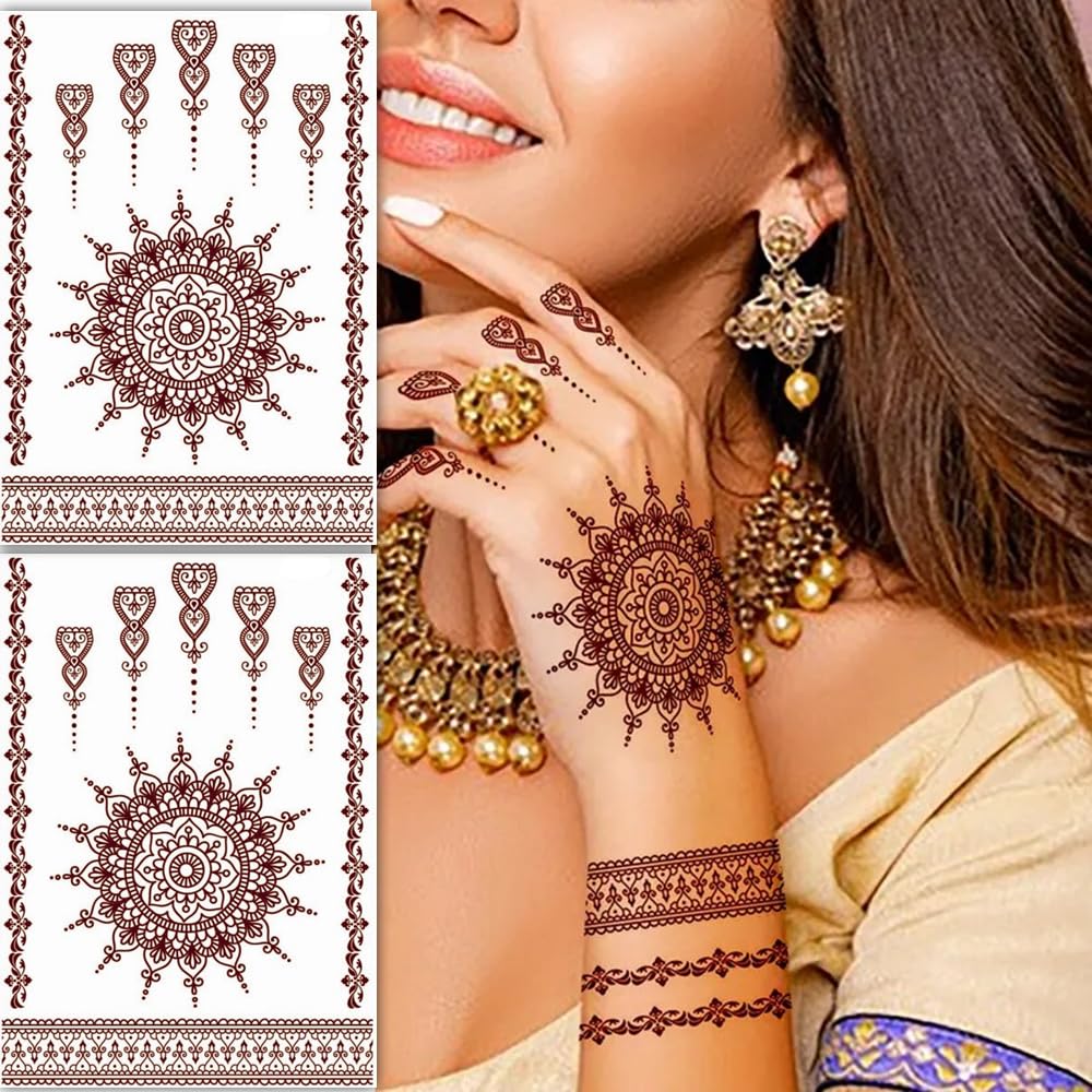 S.A.V.I 2 Sheets, Henna Tattoo Stickers, Natural Mehendi Color, Waterproof, 21x15cm for Women's Hands Body