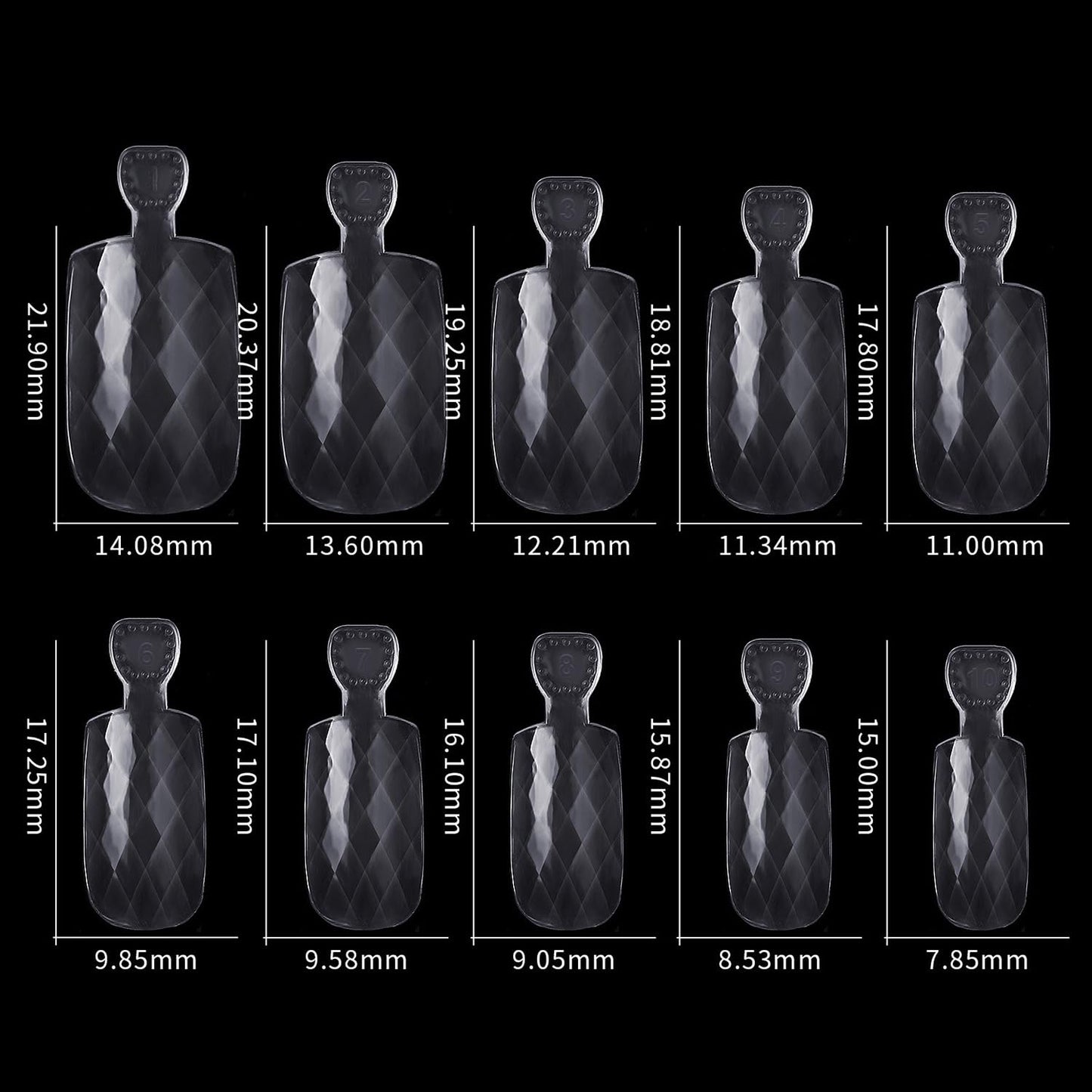S.A.V.I 500 Pcs Transparent Diamond Pattern Fake Nails | Medium Length Clear Nail Tips in 10 Sizes | Natural Shape Artificial Nails for DIY, Extensions, Salon & Home Use