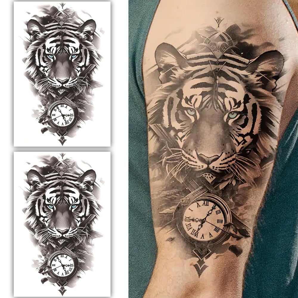 S.A.V.I 2 Sheets Black Tiger Temporary Tattoos for Arm - Waterproof, Long-Lasting, Realistic Design - Large 19x12cm - Easy to Apply Remove - Ideal Body Art Stickers for Men Women