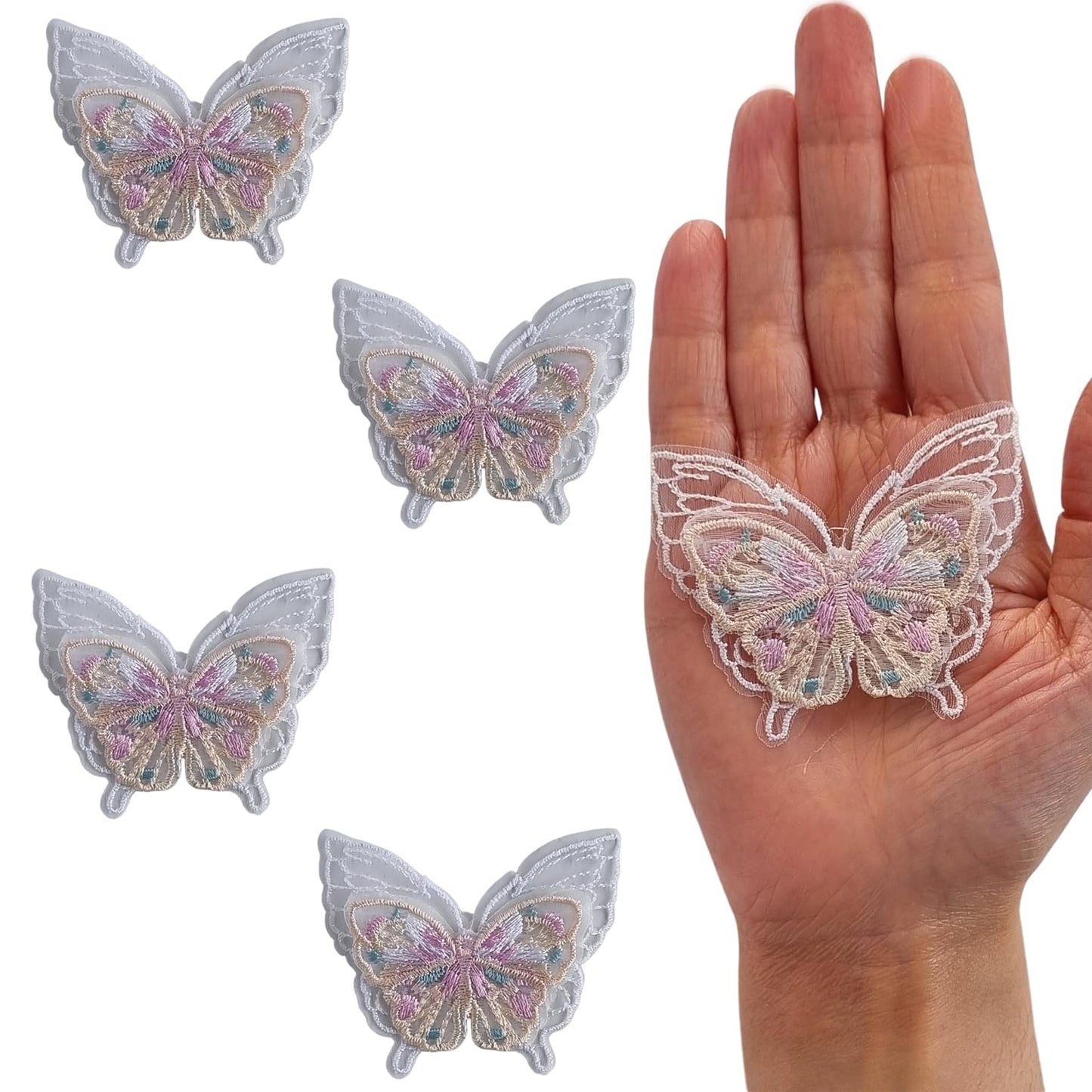 S.A.V.I 3D Butterfly Applique Patch – 4PCs Pastel Multicolor Mesh Lace, Embroidered Fabric for DIY Sewing, Bridal Wear, Lehenga, Saree, Blouse, Gown Ethnic Craft – 6.5x5cm Sew-On Décor