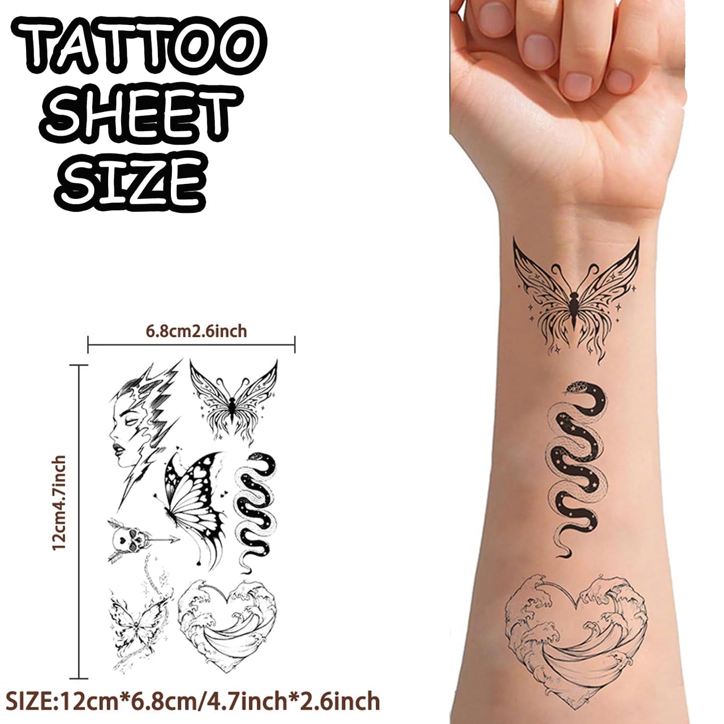 S.A.V.I 10 Sheets Temporary Tattoo Stickers for Women & Girls | Waterproof Body Art | Non-Toxic Skin Tattoos | 12x6.8cm Stylish Butterfly, Snake, Heart Designs | Arms, Neck, Back (Mixed Set)