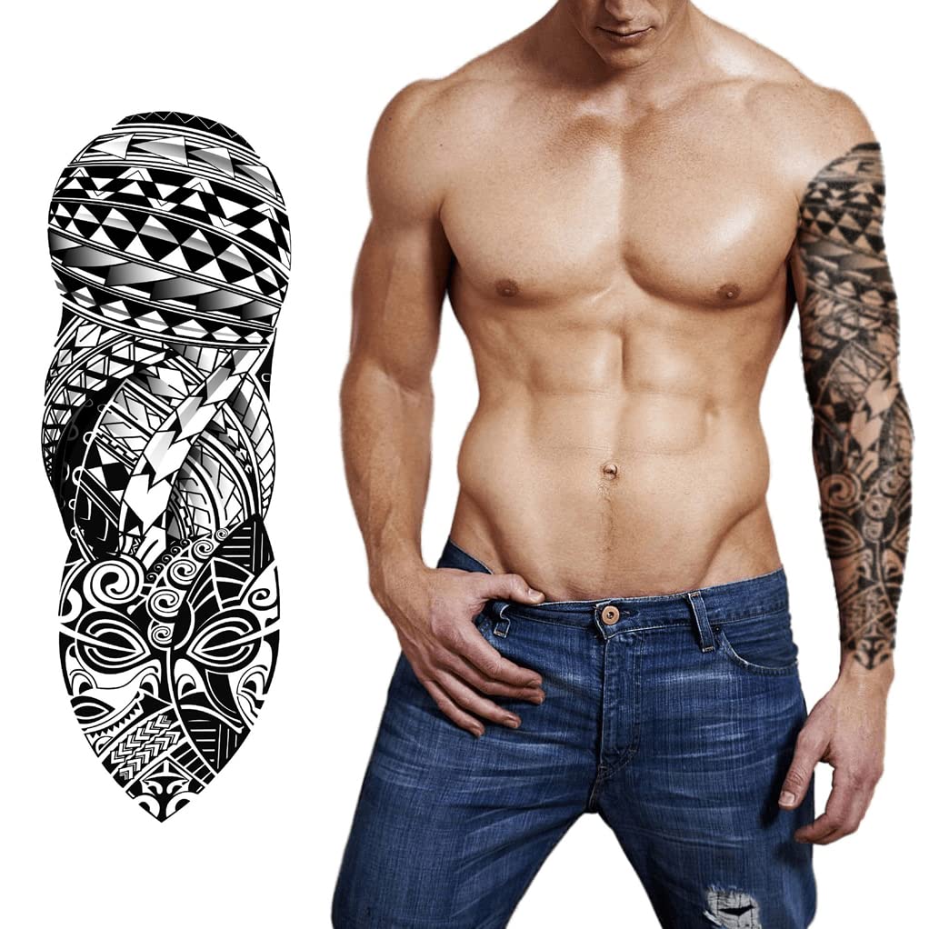 S.A.V.I Full Arm Tattoo, Classic Totem Tribal Temporary Tattoo Sticker, Size 48x17CM