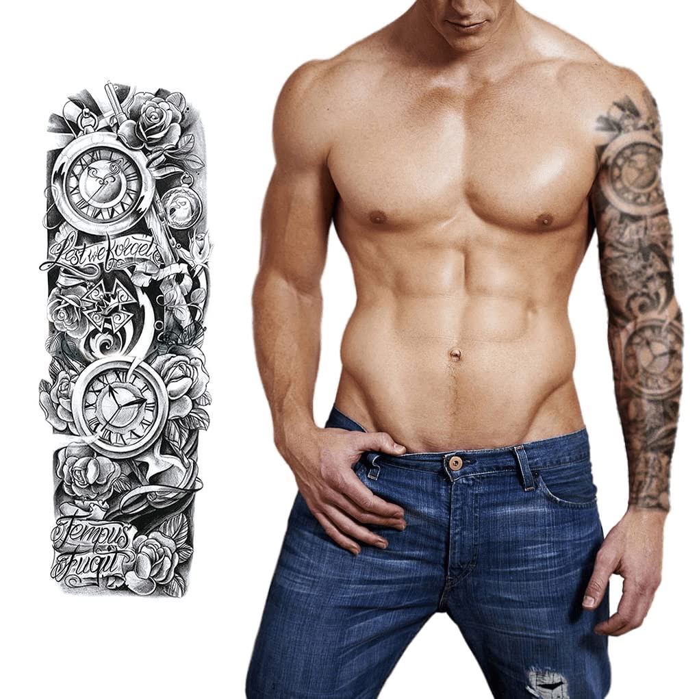 S.A.V.I Full Arm Tattoo, Ancient Old Clock Temporary Tattoo Sticker, Size 48x17CM