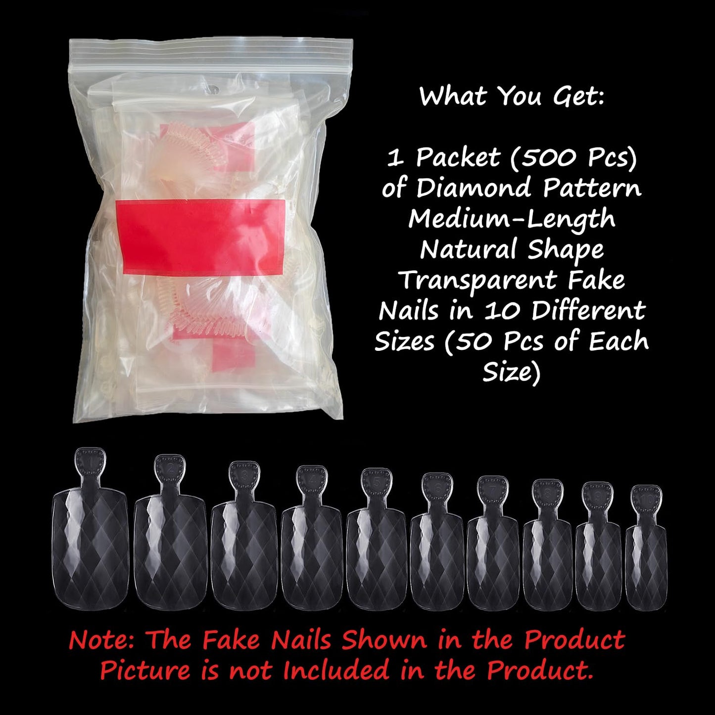 S.A.V.I 500 Pcs Transparent Diamond Pattern Fake Nails | Medium Length Clear Nail Tips in 10 Sizes | Natural Shape Artificial Nails for DIY, Extensions, Salon & Home Use
