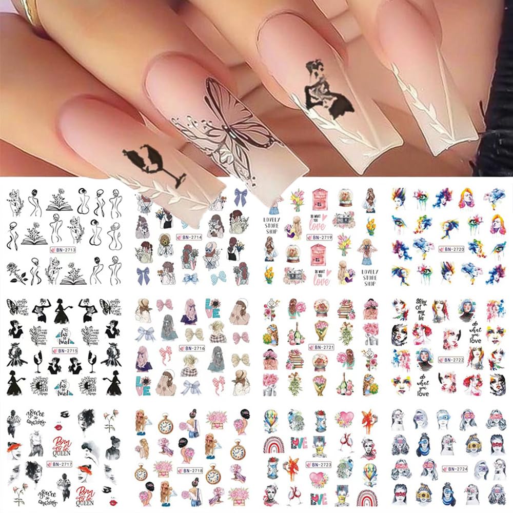 S.A.V.I 12 Sheets Girl Face Nail Art Stickers - Trendy Water Transfer Decals with Butterfly, Floral Cartoon Designs | DIY Manicure Nail Decorations