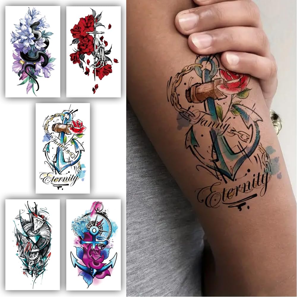 S.A.V.I Temporary Tattoos for Adults - 5 Waterproof Long-Lasting Sheets (10.5x6cm) - Floral, Anchor, Artistic Designs - Easy to Apply, Skin Safe, Perfect for Parties Events