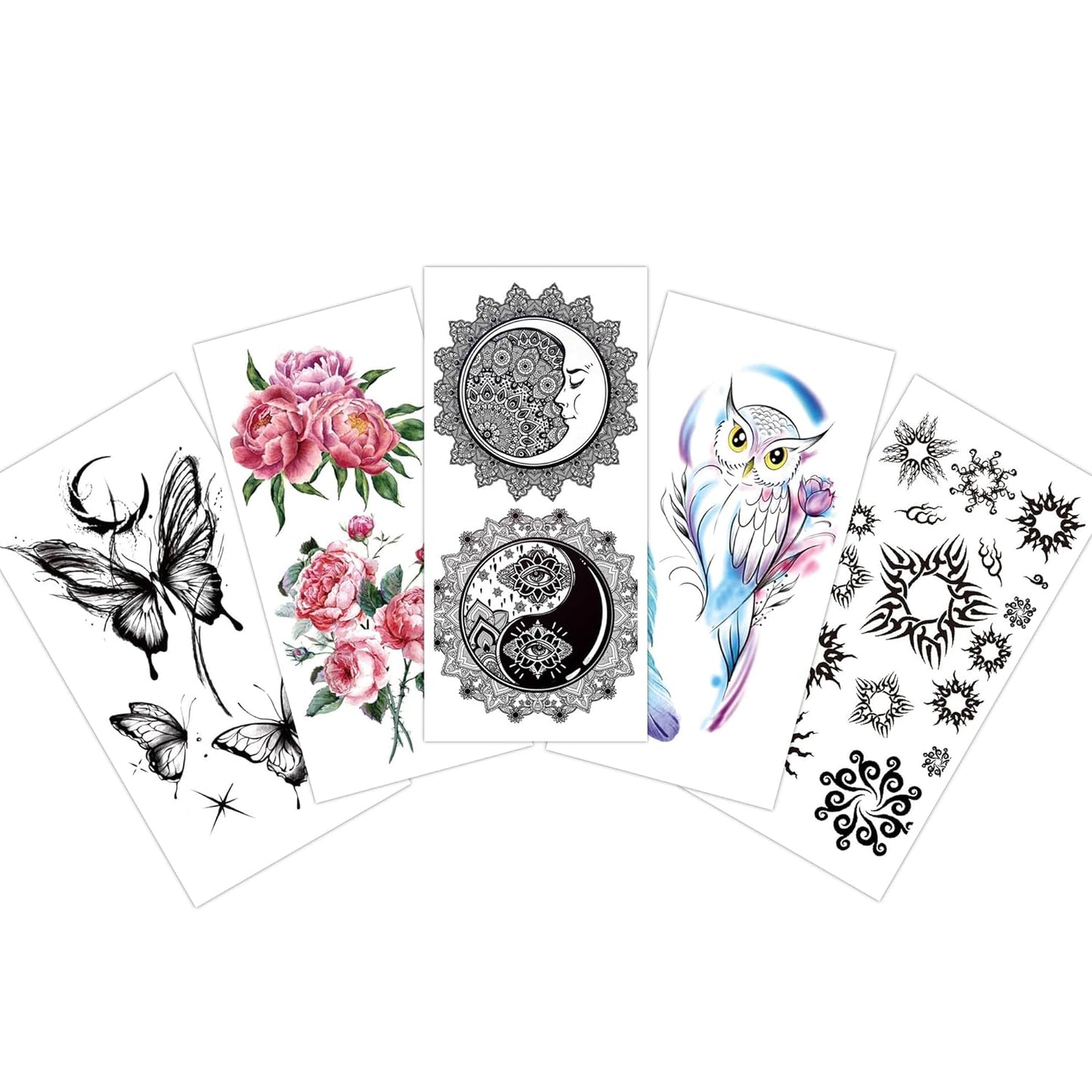 S.A.V.I 5pcs Feng Shui Tattoo Stickers Combo - Luck Owl, Flowers, Stars Butterflies - 10.5x6cm for Men Women