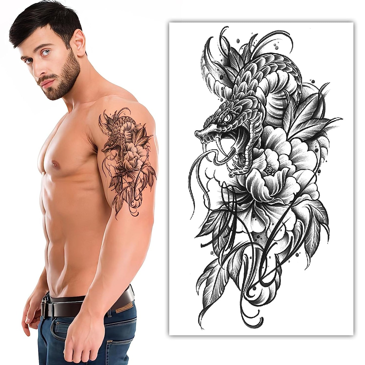 S.A.V.I Dragon on Peony Flower 3D Waterproof Tattoo Sticker | Realistic Design | Black | Size 21x11cm