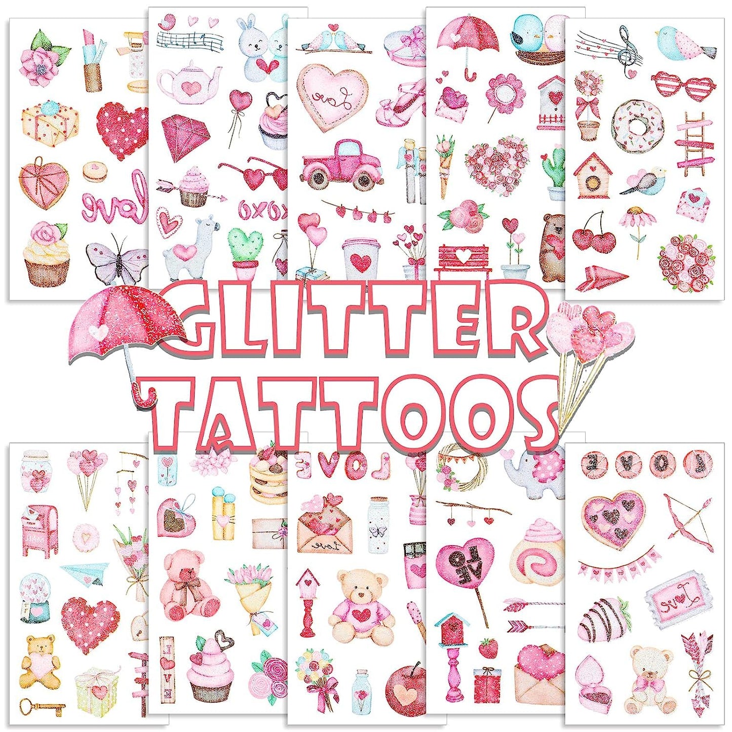 S.A.V.I 10PCS. Valentine's Day Glitter Temporary Tattoo Stickers | Lovely Pink Heart, Cupid's Arrow, Dessert Flowers | Love Fake Tattoos for Kids | Size 12x6.8CM