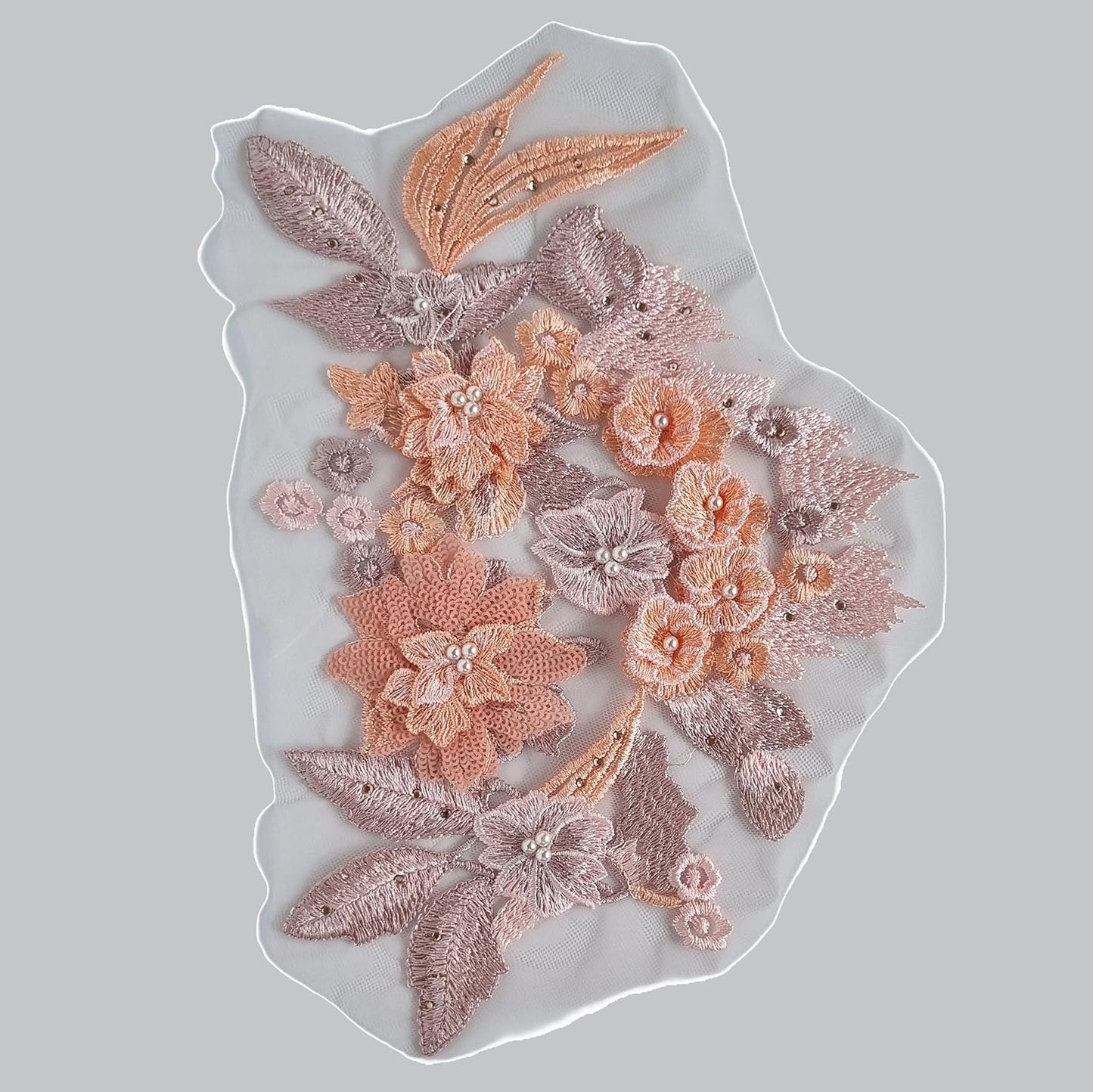 S.A.V.I 3D Floral Embroidered Applique Patch | Peach Gold Mesh Lace Fabric (30x20cm) | Sew-On for Bridal Wear, Lehengas, Sarees, Gowns, Blouses, DIY Dresses Craft Sewing Accessories