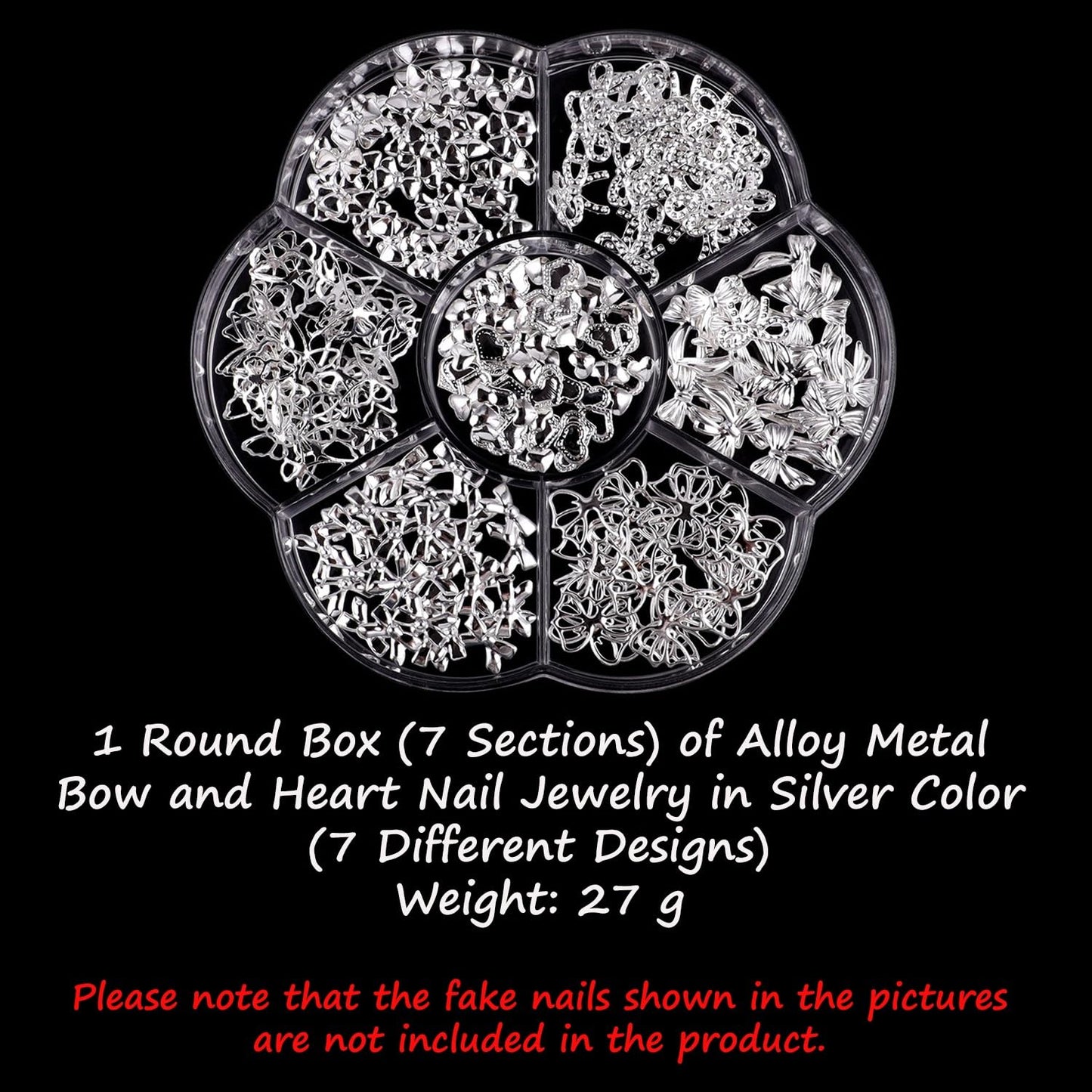 S.A.V.I Silver Alloy Nail Art Charms Set – 7 Designs Bow & Heart Shapes, 8x10mm | 3D Metal Nail Decorations for Women & Girls | Manicure Accessories in Round Storage Box