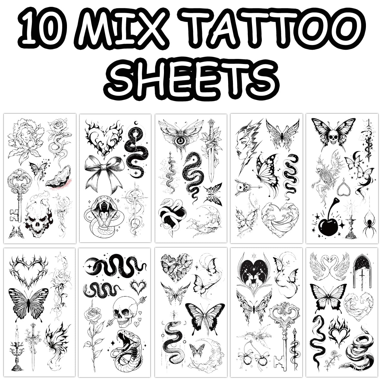 S.A.V.I 10 Sheets Temporary Tattoo Stickers for Women & Girls | Waterproof Body Art | Non-Toxic Skin Tattoos | 12x6.8cm Stylish Butterfly, Snake, Heart Designs | Arms, Neck, Back (Mixed Set)