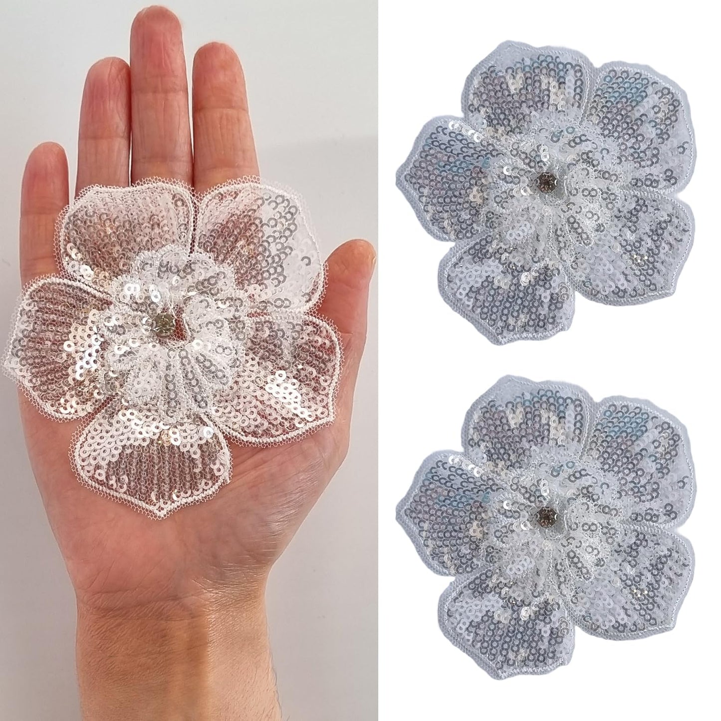 S.A.V.I 2PC 3D Silver White Sequin Flower Applique Patch | 3.5" Mesh Lace Embellishment for DIY Bridal, Ethnic Wear, Saree, Lehenga, Blouse, Gown, Dress Craft Sewing | Hand Embroidery Décor Accessory