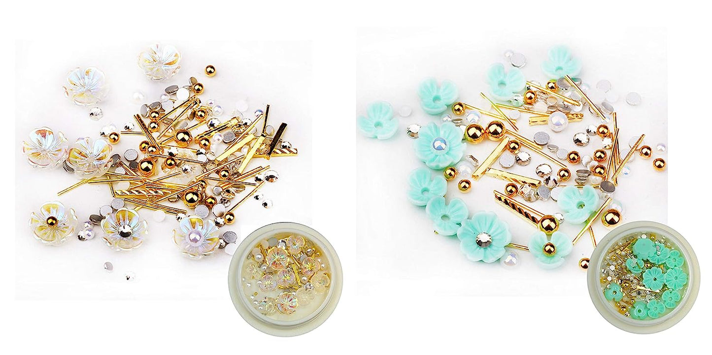 S.A.V.I (Set of 2) Nail Art Set Rivet Rhinestone Resin Decoration Shell Flower Green Color Golden Beads