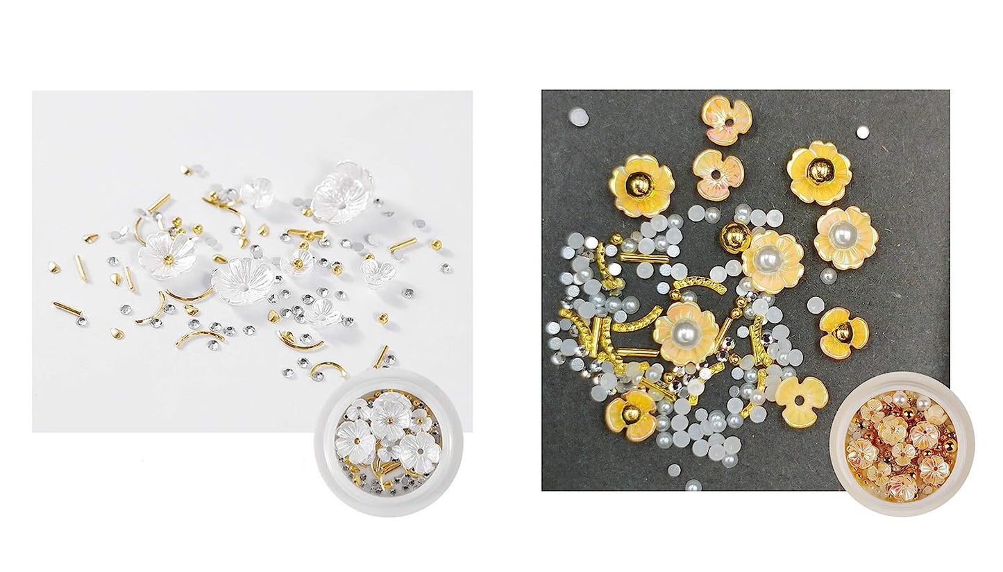 S.A.V.I (Set of 2) Nail Art Set Rivet Rhinestone Resin Decoration Shell Flower Pure White Pearls Golden Beads