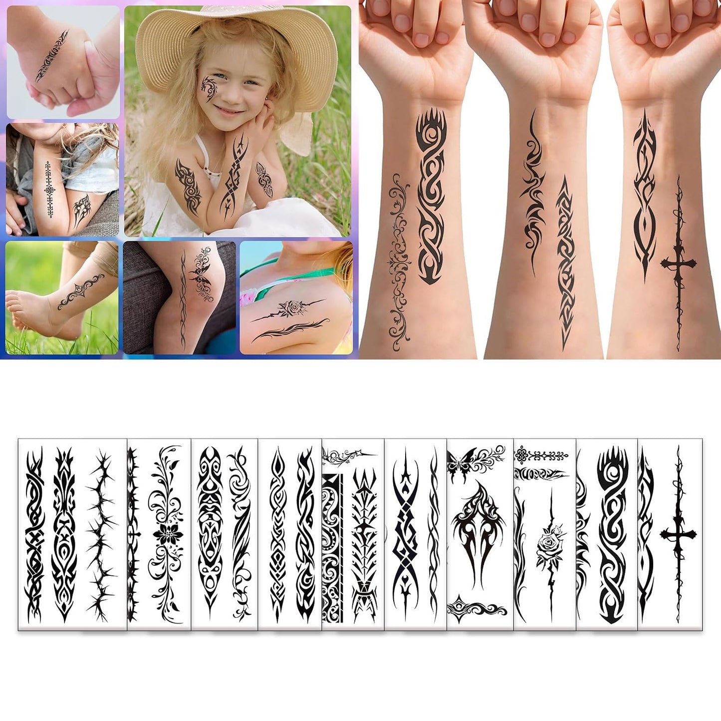 S.A.V.I 10 Sheets Tribal Temporary Tattoo Stickers for Men Women Kids – Black Waterproof Body Art – 12x6.8cm – Safe Non-Toxic – Easy to Apply & Remove – Long Lasting for Arms Back Legs