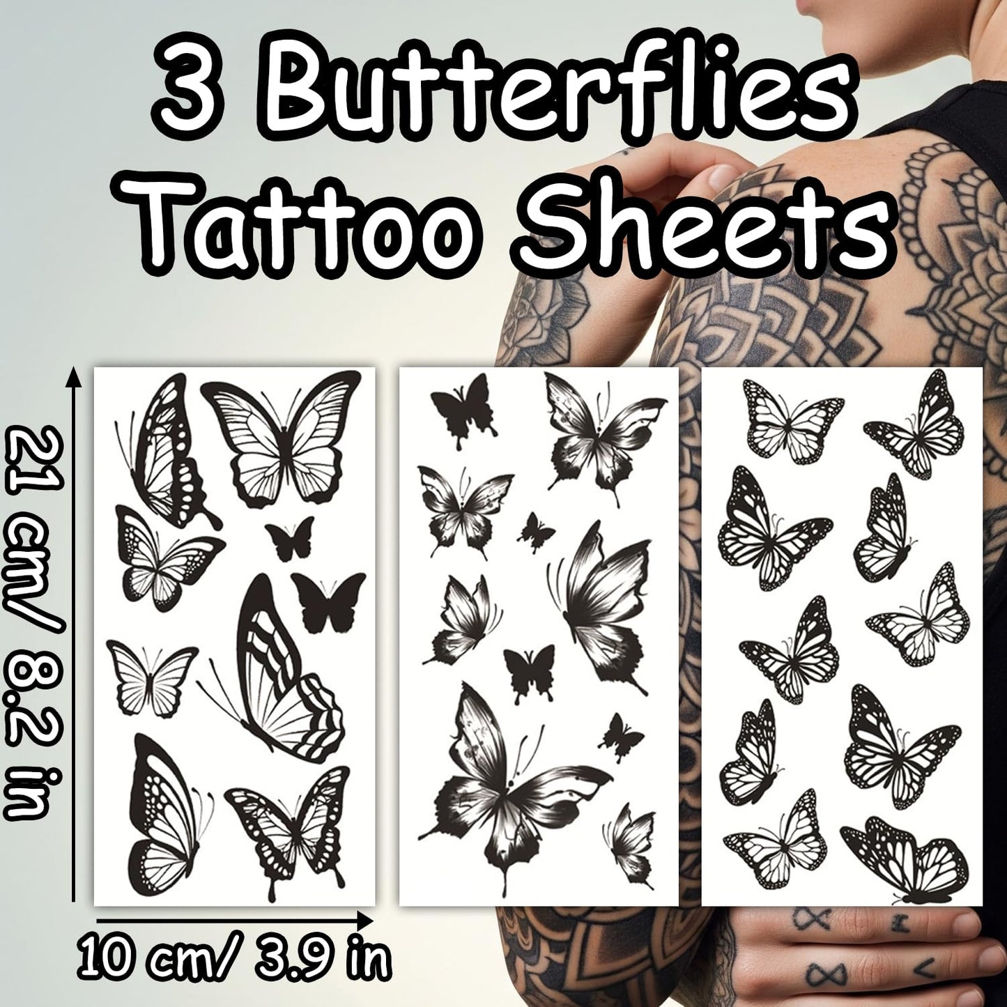 S.A.V.I 3 Sheets Large Black Butterfly Temporary Tattoos for Women & Girls – Safe, Non-Toxic, Waterproof Body Art Stickers 21x10 cm – Realistic Easy Apply Arm, Shoulder & Back Designs