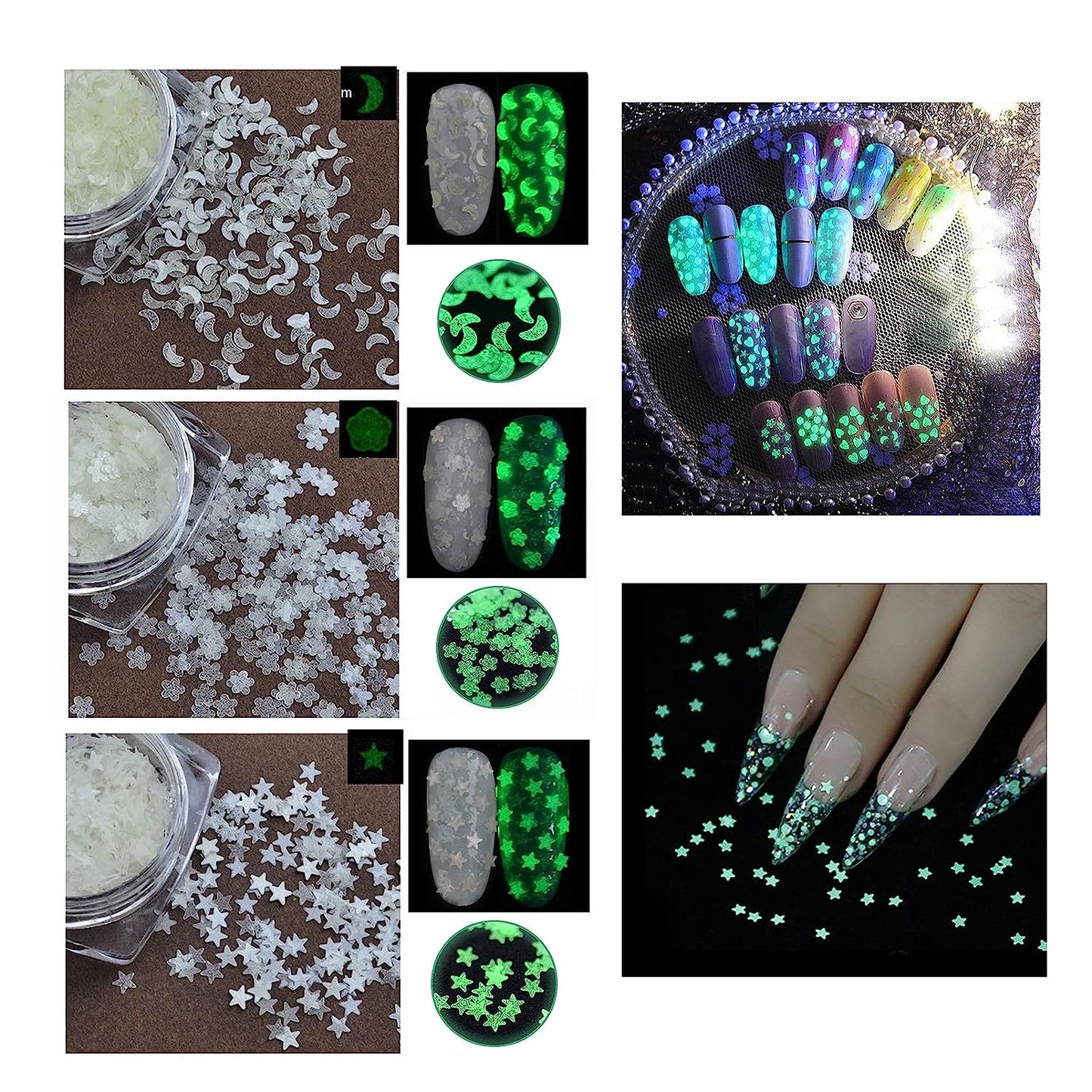 S.A.V.I 3 PCS. Nail Art Sequins Moon Blossom Flower Small Stars Shape Flakes Craft Fluorescent Luminous Glow in The Dark Glitters Resin