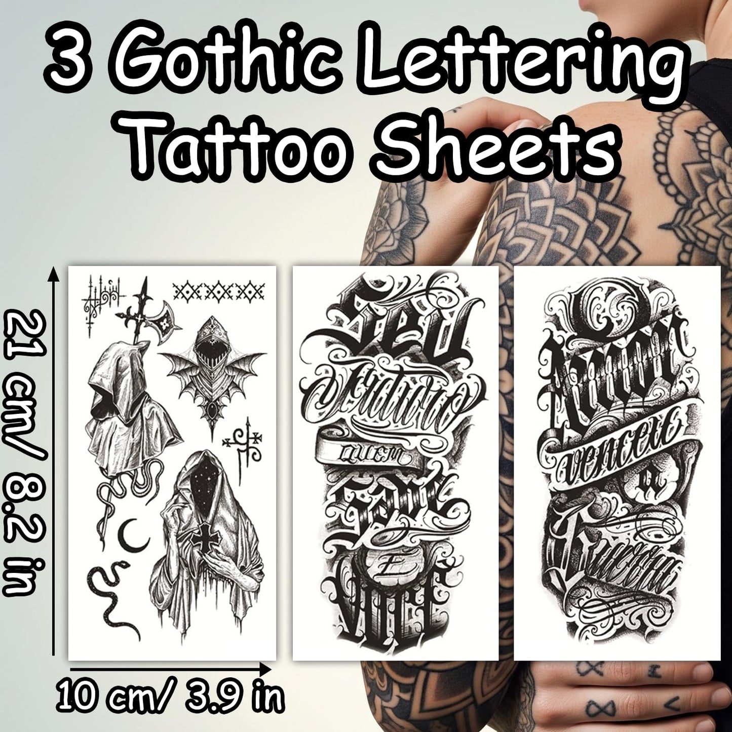 S.A.V.I 3Pcs Gothic Lettering Temporary Tattoo Sheets – Black Waterproof, Non-Toxic Body Art Stickers for Men & Women – Large 21x10cm Arm, Shoulder & Back Designs – Easy Apply & Remove