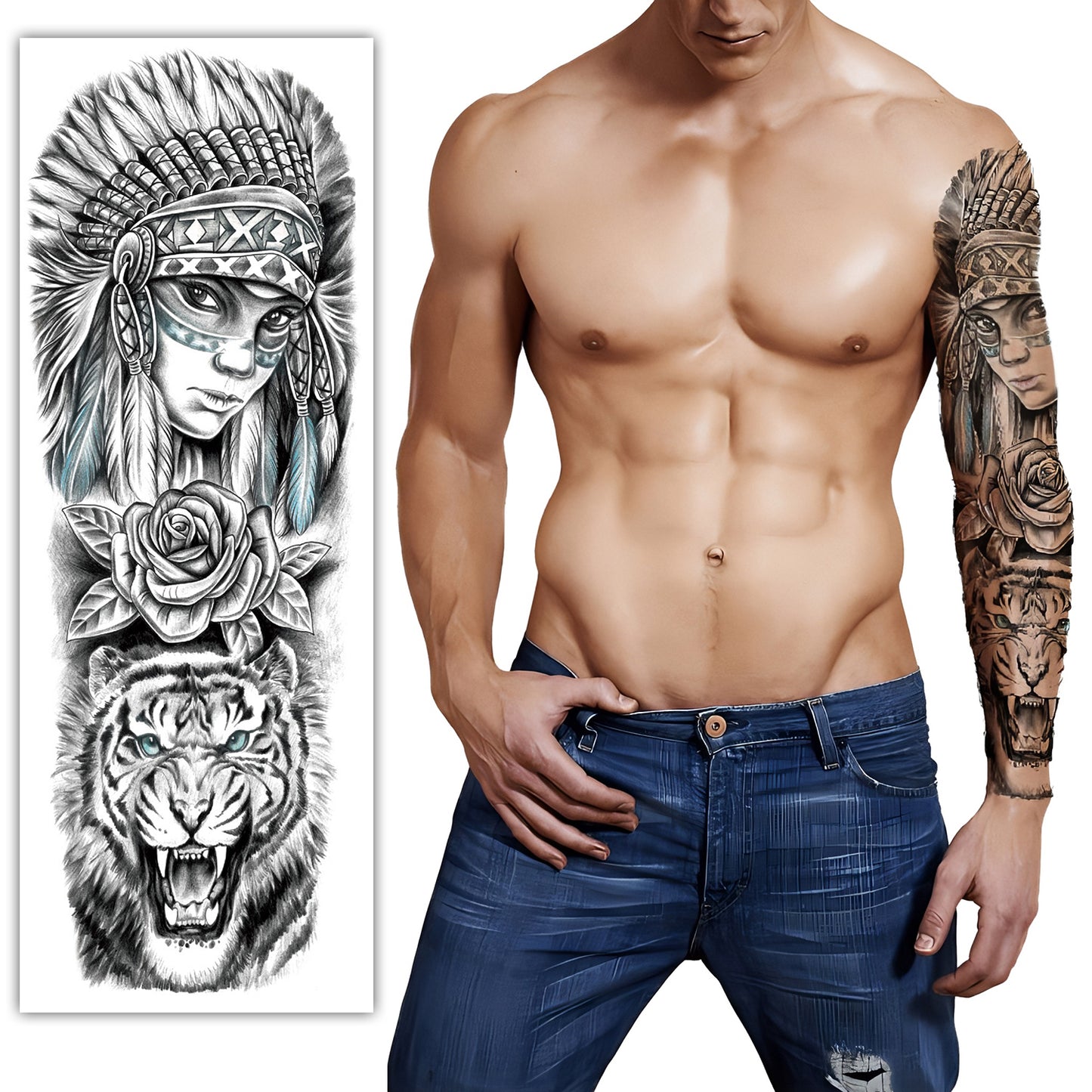 S.A.V.I Native American Angry Tiger Rose Full Arm Temporary Tattoo - Men/Women - 48x17cm