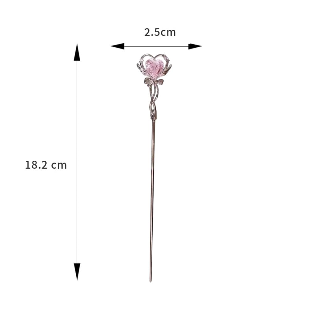 S.A.V.I Silver Hair Bun Stick Pin for Women & Girls | 18.2cm Metal Hairpin with Pink Heart Rhinestone | Butterfly Bow Design | Stylish Juda Stick for Party, Wedding, Traditional Look