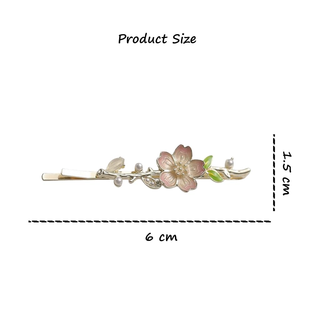 S.A.V.I Cherry Blossom Hair Clip for Women & Girls | Pink & Gold Floral Barrette 6cm | Elegant Pearl & Enamel Leaf Hairpin | Stylish Hair Accessory for Party, Wedding & Daily
