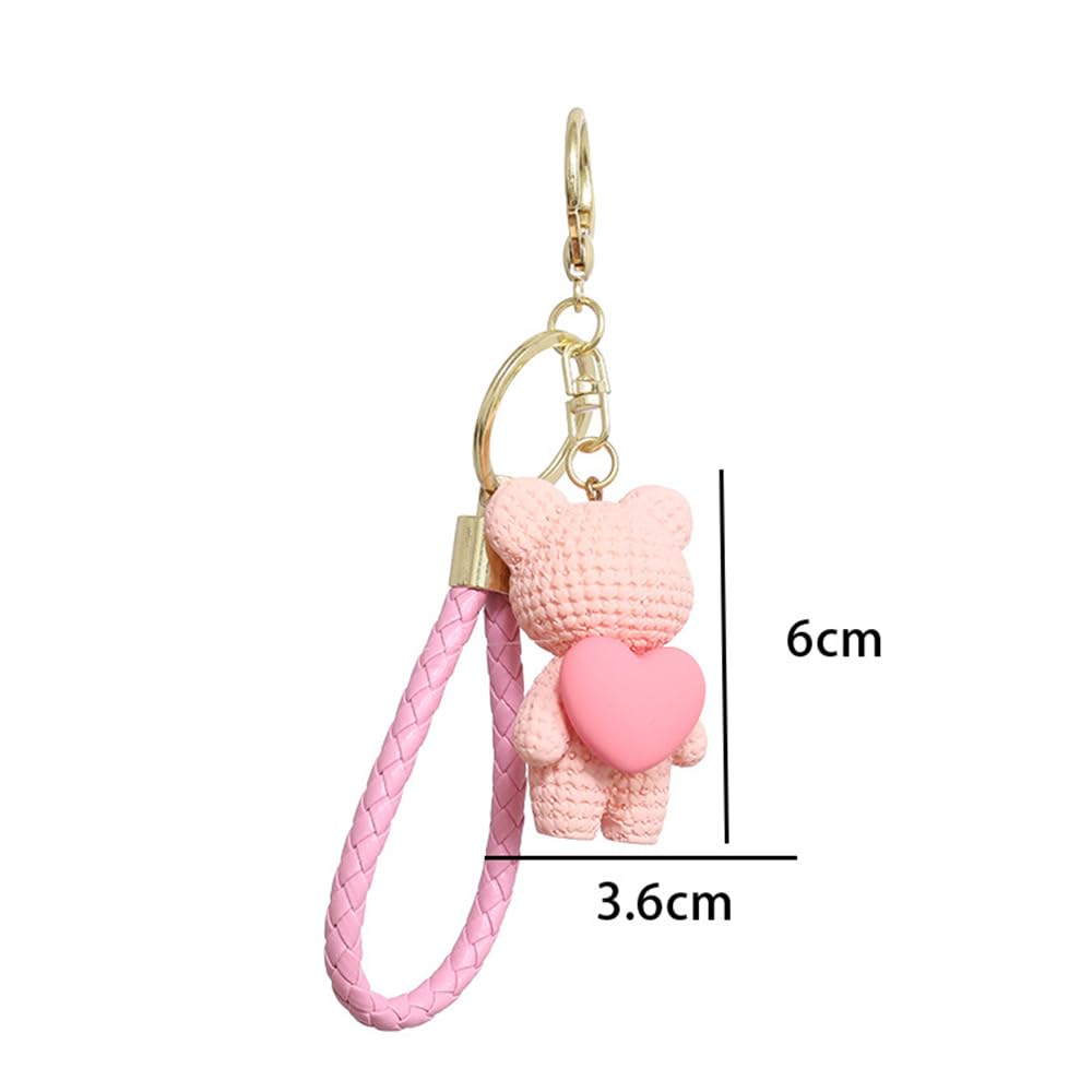 S.A.V.I Cute Pink Bear Keychain with Heart Charm | Resin Mini Teddy Pendant 6cm | Braided PU Leather Wrist Strap | Lightweight Gold Key Ring for Girls, Women (Pink)