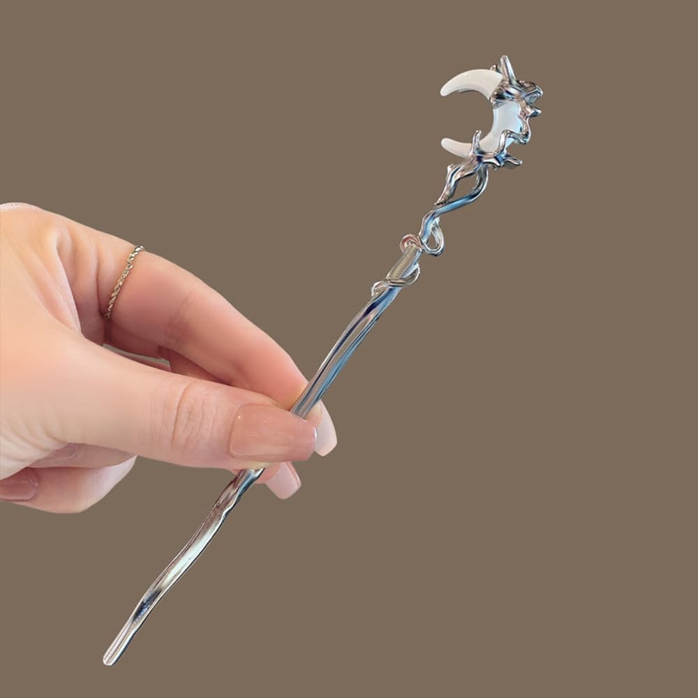 S.A.V.I Silver Metal Hair Stick for Women | 16.5cm Elegant Hair Pin for Bun | Moon Design Juda Stick | Traditional & Party Hair Accessory for Girls & Ladies