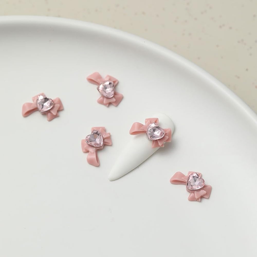 S.A.V.I 3D Pink Bow Nail Art Charms, Heart Rhinestone Resin, Pack of 10 – Big Bow Nail Accessories, 2 Designs, DIY Manicure Decorations for Girls & Women