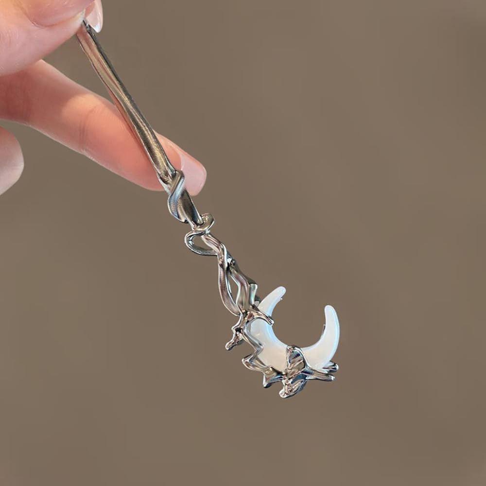 S.A.V.I Silver Metal Hair Stick for Women | 16.5cm Elegant Hair Pin for Bun | Moon Design Juda Stick | Traditional & Party Hair Accessory for Girls & Ladies