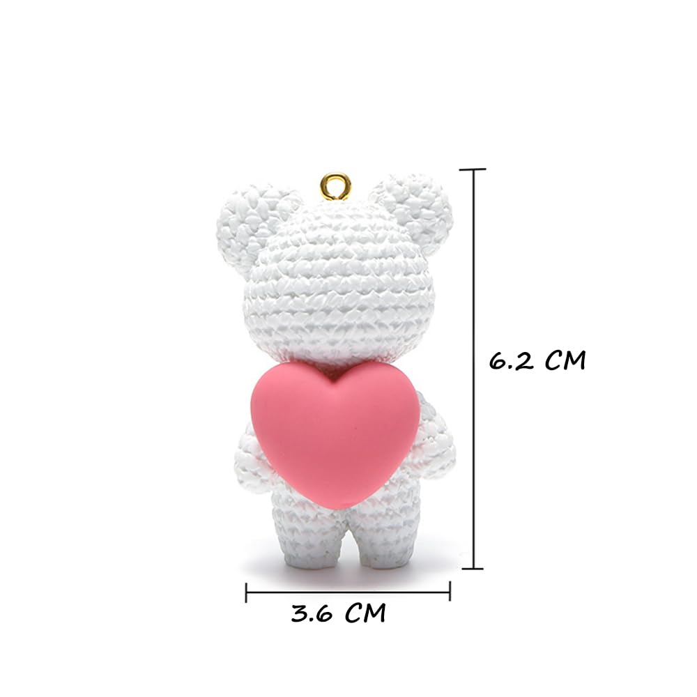 S.A.V.I Cute White Bear Keychain with Pink Heart Charm | Resin Teddy Pendant (6.2cm) | Braided PU Leather Wrist Strap & Gold Ring | Stylish Key Holder for Girls, Women & Accessories (White)