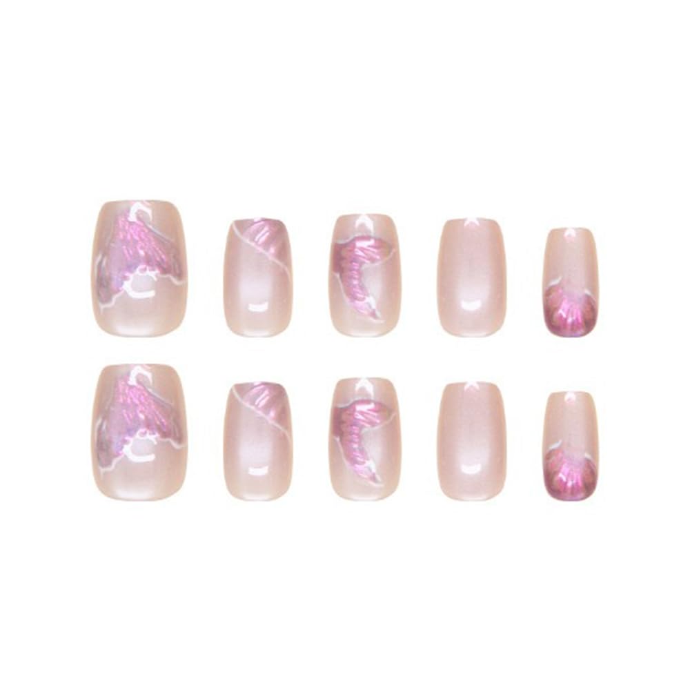 S.A.V.I 30 Pcs Short Square Nude  Purple Mermaid Tail Cat Eye Press-On Nails | Glossy Finish | Reusable Artificial Nail Set for Women | Easy Application (No Liquid Glue Included)
