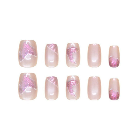 S.A.V.I 30 Pcs Short Square Nude  Purple Mermaid Tail Cat Eye Press-On Nails | Glossy Finish | Reusable Artificial Nail Set for Women | Easy Application (No Liquid Glue Included)