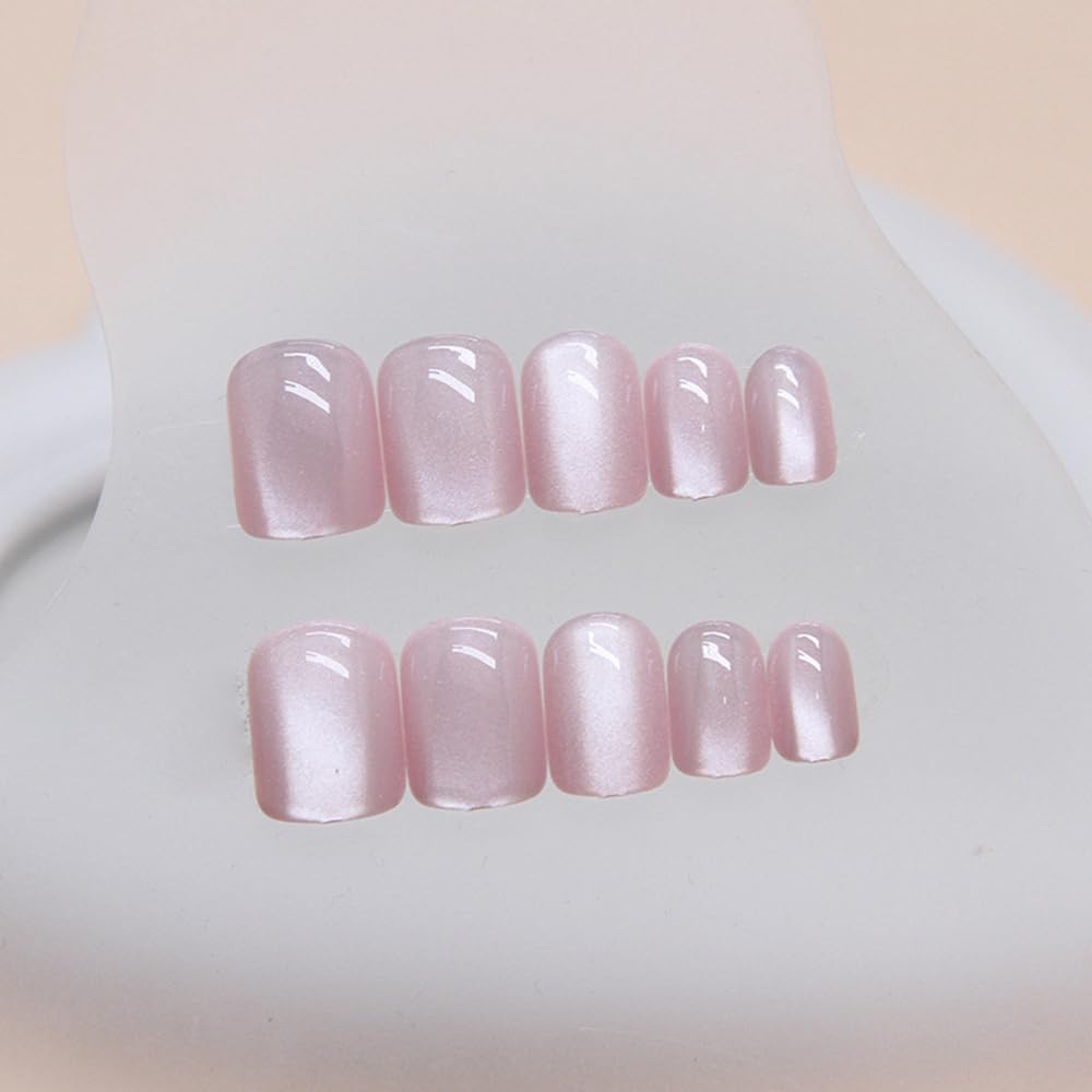 S.A.V.I 24 Pcs Short Natural Shape Pink Cat’s Eye Glossy Fake Nails for Women | Reusable DIY Nail Art Nail Tips with Glue & Adhesive Tabs – Salon-Quality Press On Nails