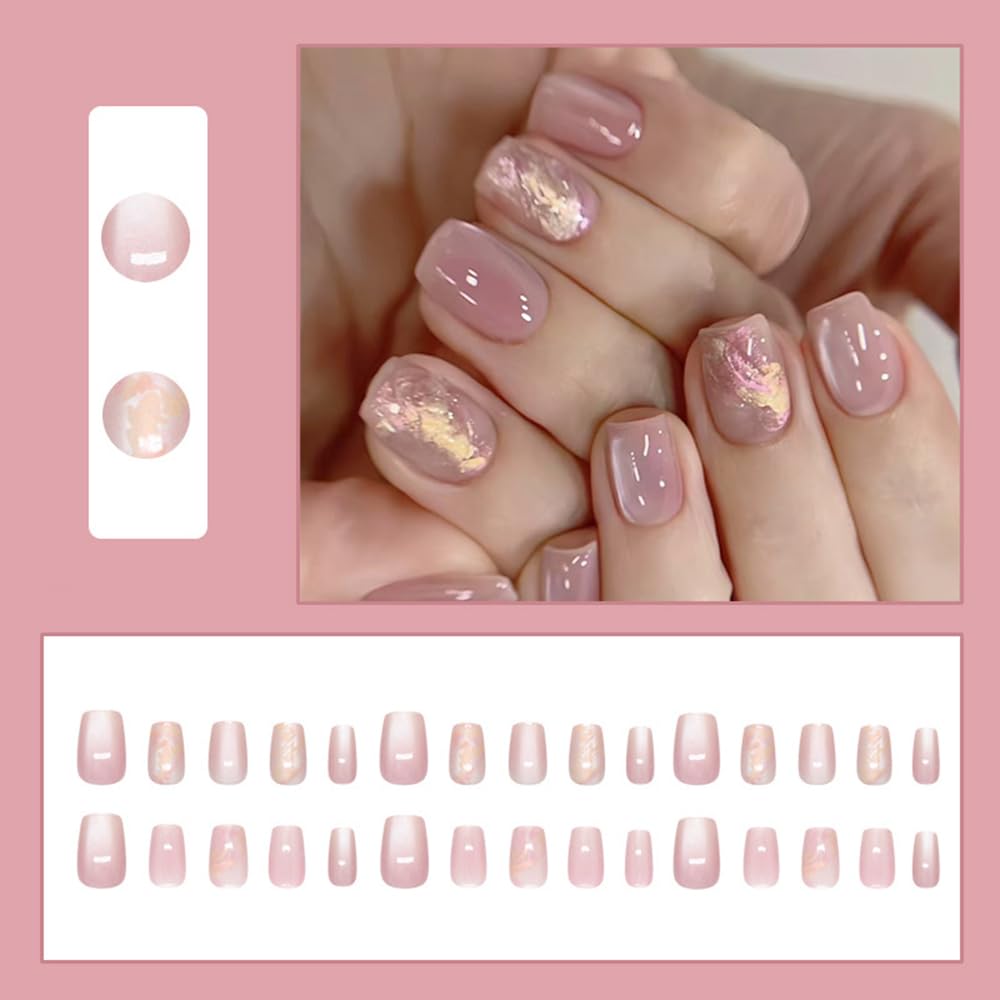 S.A.V.I 30 Pcs Pink Cat’s Eye Press-On Nails | Medium Coffin Shape Fake Nails with Marble Foil Design | Glossy Reusable Nail Tips for Women & Girls | With Adhesive Tabs & Nail Glue