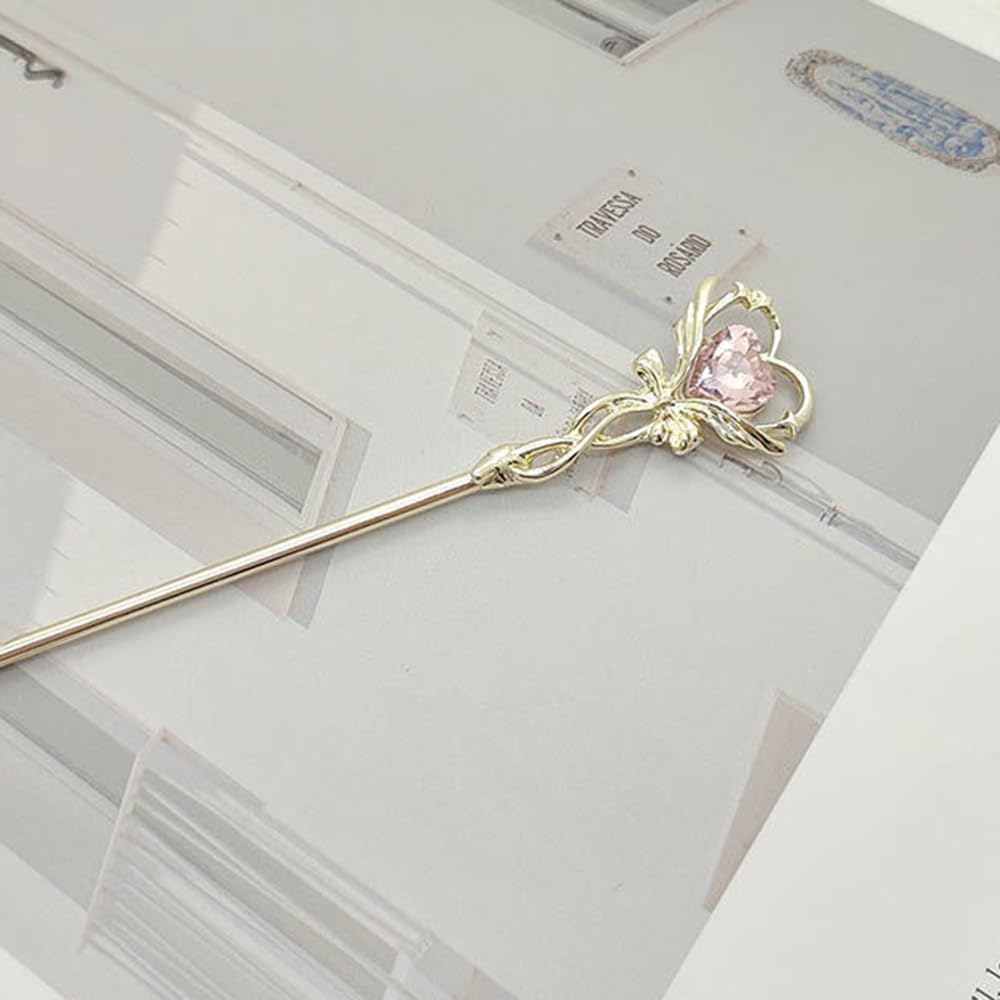 S.A.V.I Silver Hair Bun Stick Pin for Women & Girls | 18.2cm Metal Hairpin with Pink Heart Rhinestone | Butterfly Bow Design | Stylish Juda Stick for Party, Wedding, Traditional Look