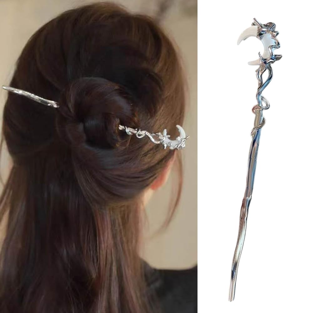 S.A.V.I Silver Metal Hair Stick for Women | 16.5cm Elegant Hair Pin for Bun | Moon Design Juda Stick | Traditional & Party Hair Accessory for Girls & Ladies