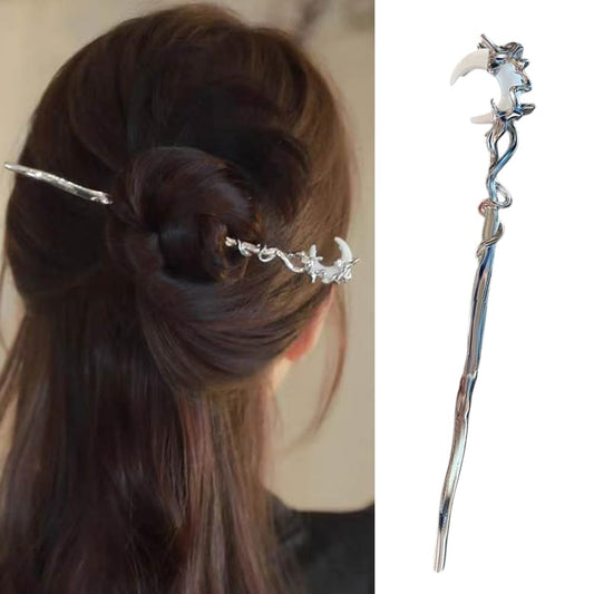 S.A.V.I Silver Metal Hair Stick for Women | 16.5cm Elegant Hair Pin for Bun | Moon Design Juda Stick | Traditional & Party Hair Accessory for Girls & Ladies