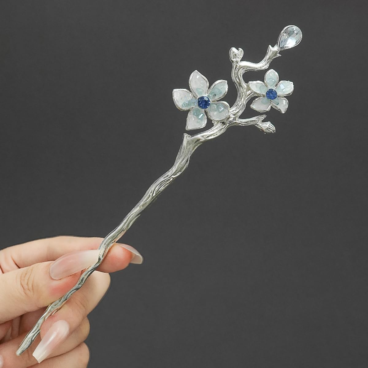 S.A.V.I Silver Cherry Blossom Hair Stick for Women & Girls | 16cm Floral Bun Pin with Crystal Accents | Elegant Traditional & Party Hair Accessory